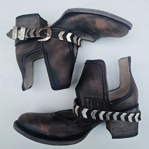 Distressed Ankle Bootie FreeBird Steven Blade Size 8 Black Brown Leather Buckle - Picture 14 of 16